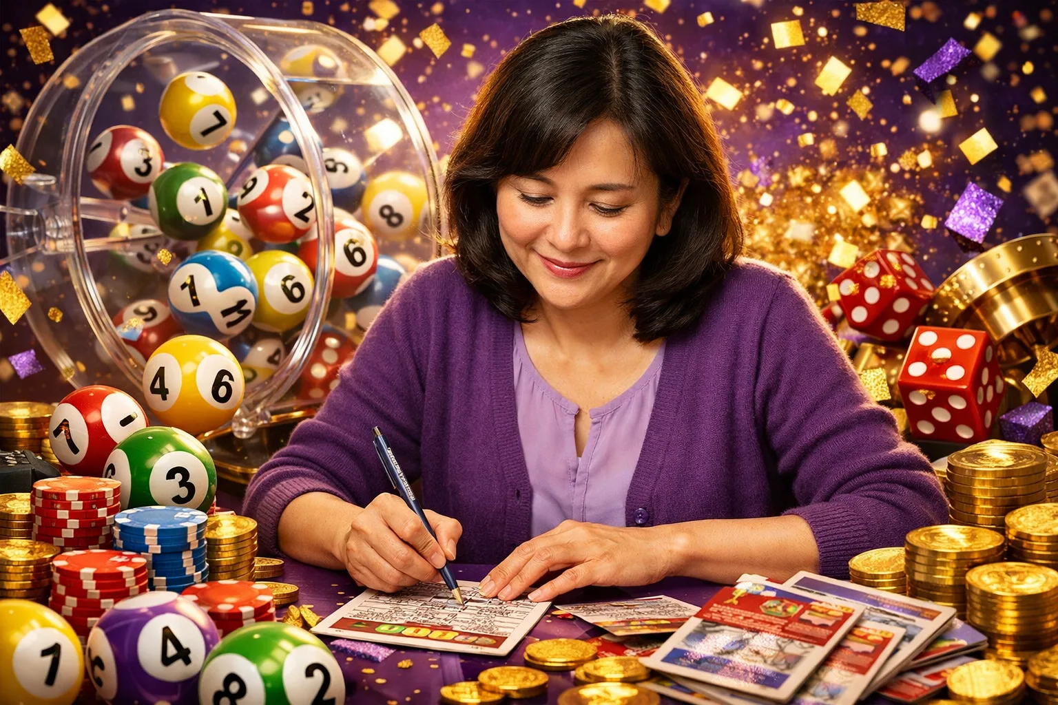 Online gaming made simple, wherever you are. MegaJom brings together slots, casino-style games and other di… — lottery bingo violet illustration