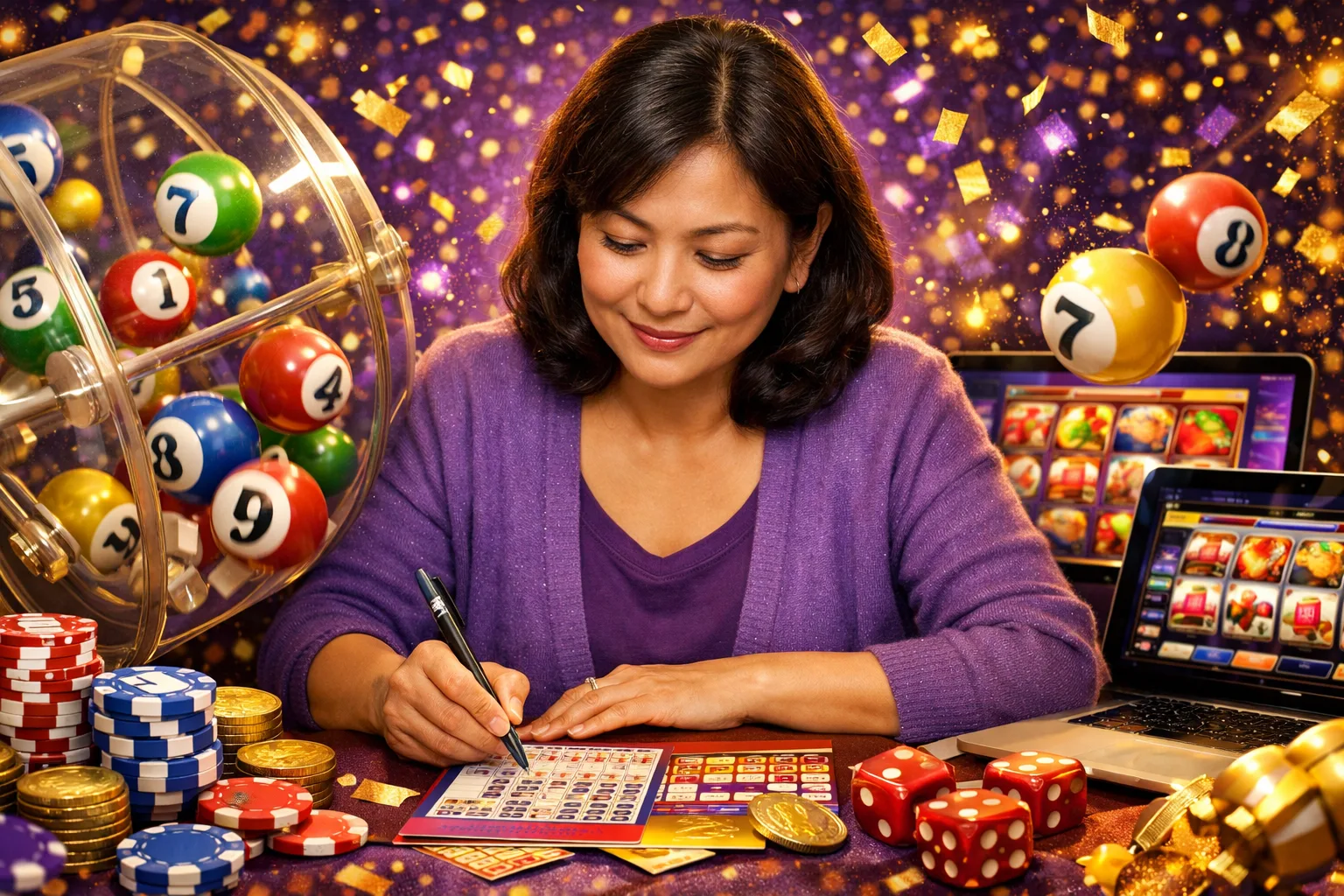 One Account, Every Device. Set up your MegaJom account once and enjoy easy access to your favourite games f⌠â lottery bingo violet illustration