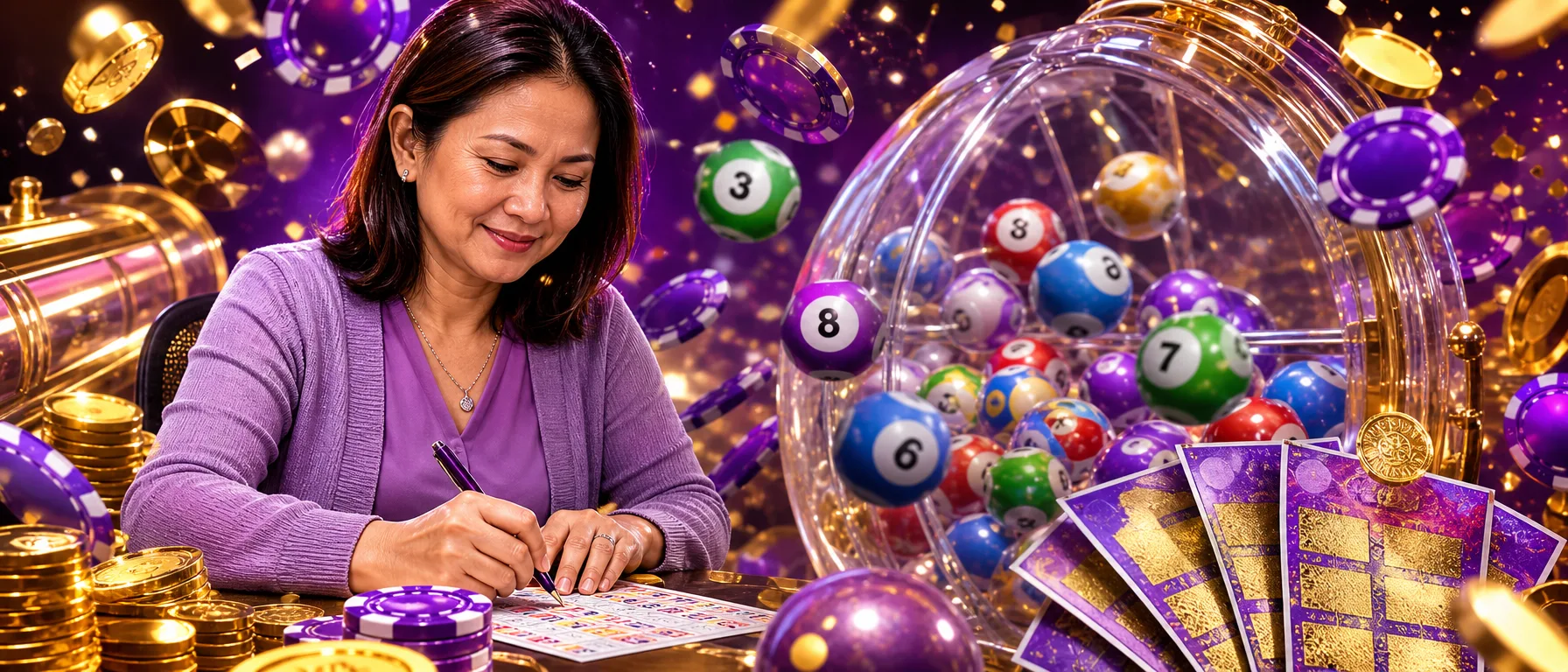 One Account, Every Device. Set up your MegaJom account once and enjoy easy access to your favourite games f… – lottery bingo violet illustration