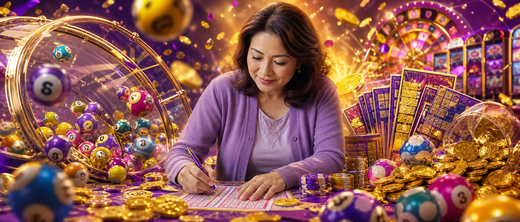 Online gaming made simple, wherever you are. MegaJom brings together slots, casino-style games and other di… – lottery bingo violet illustration